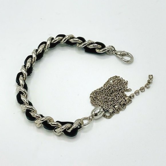 Black and Silver Chain Tasseled Rhinestone Link Bracelet - Picture 2 of 3